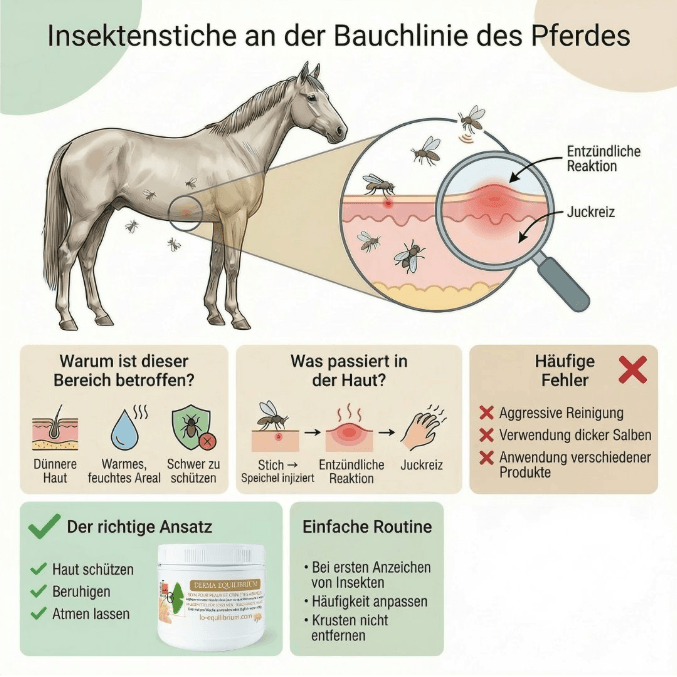 Insektenstiche an der Bauchlinie des Pferdes